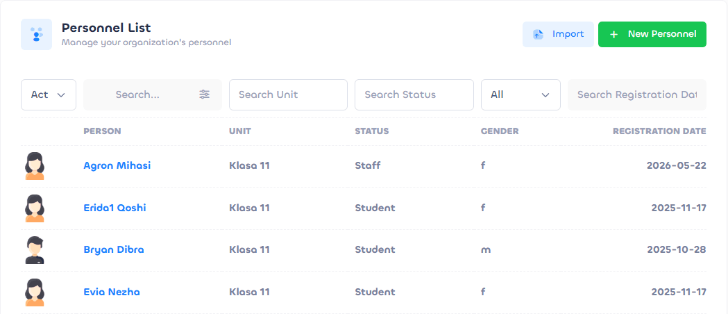 Lista e personelit e NextPass me import Excel dhe filtra